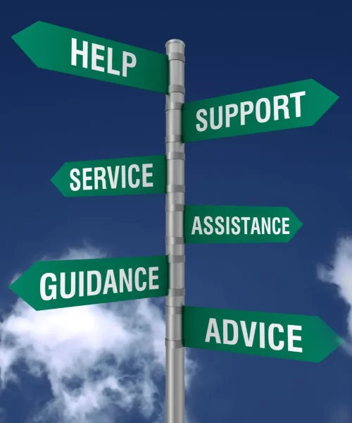 Signpost with directions showing help, support, service, assistance, guidance, and advice - Zorba care